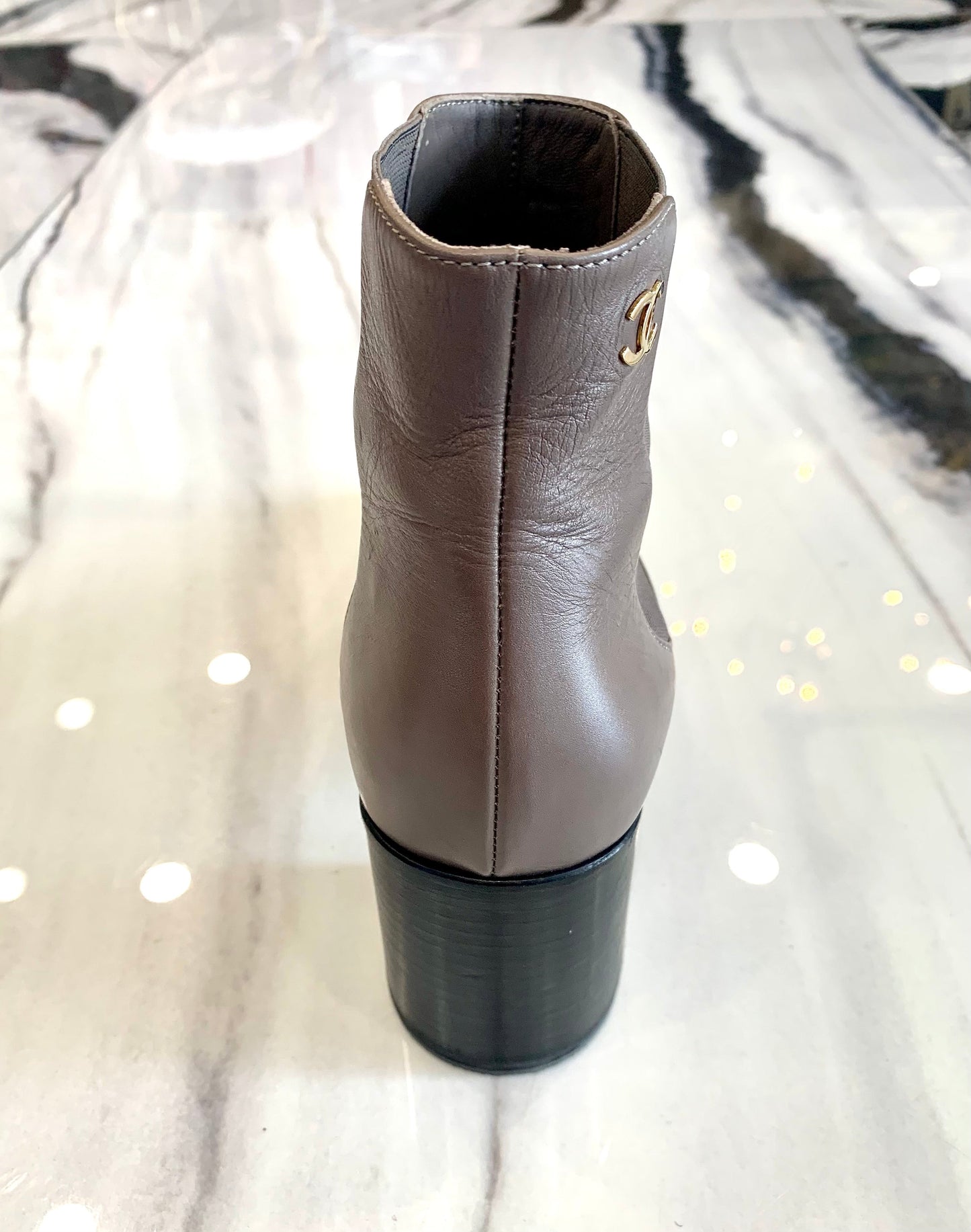 CHANEL BROWN LEATHER CHUNKY HEEL BOOTS