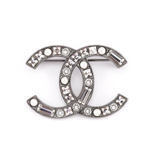 Chanel Crystal & Faux Pearl CC Brooch