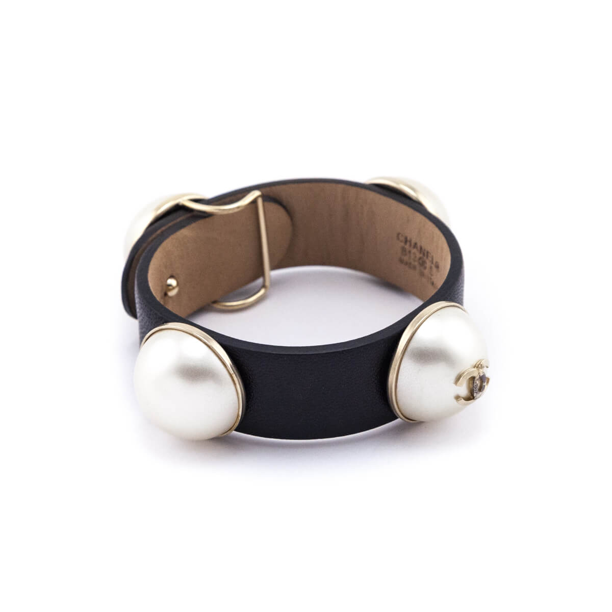 Chanel Faux Pearl & Black Leather Wrap Bracelet