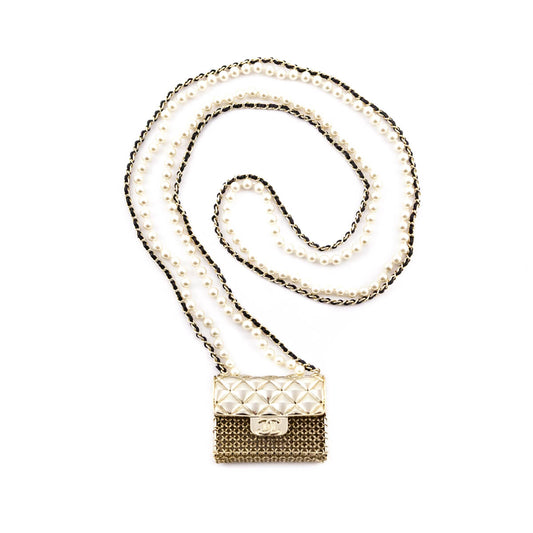 Chanel Gold-Tone & Faux Pearl Chain Flap Bag Long Necklace