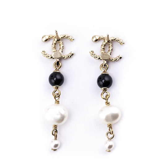 Chanel Gold Faux Pearl & Crystal Embellished CC Drop Earrings