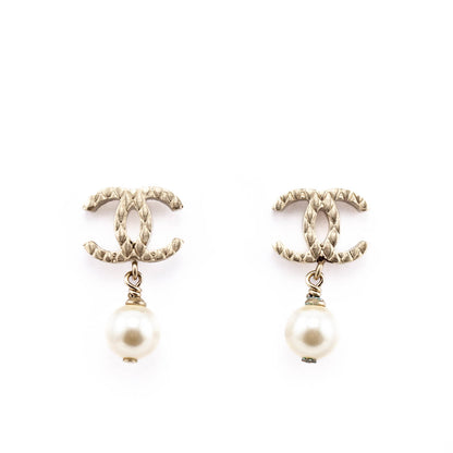 Chanel Gold Tone CC Faux Pearl Drop Earrings