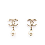 Chanel Gold Tone CC Faux Pearl Drop Earrings