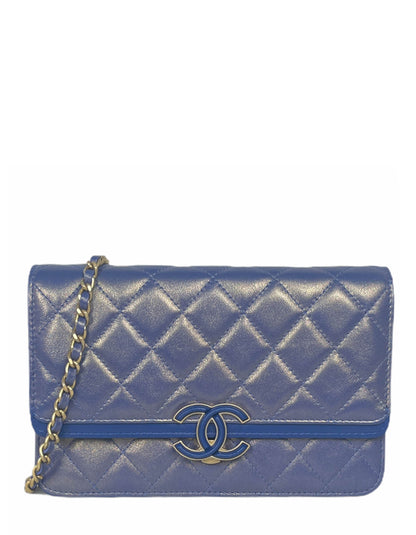 Chanel Iridescent Blue CC Quilted Wallet On Chain WOC Crossbody Bag