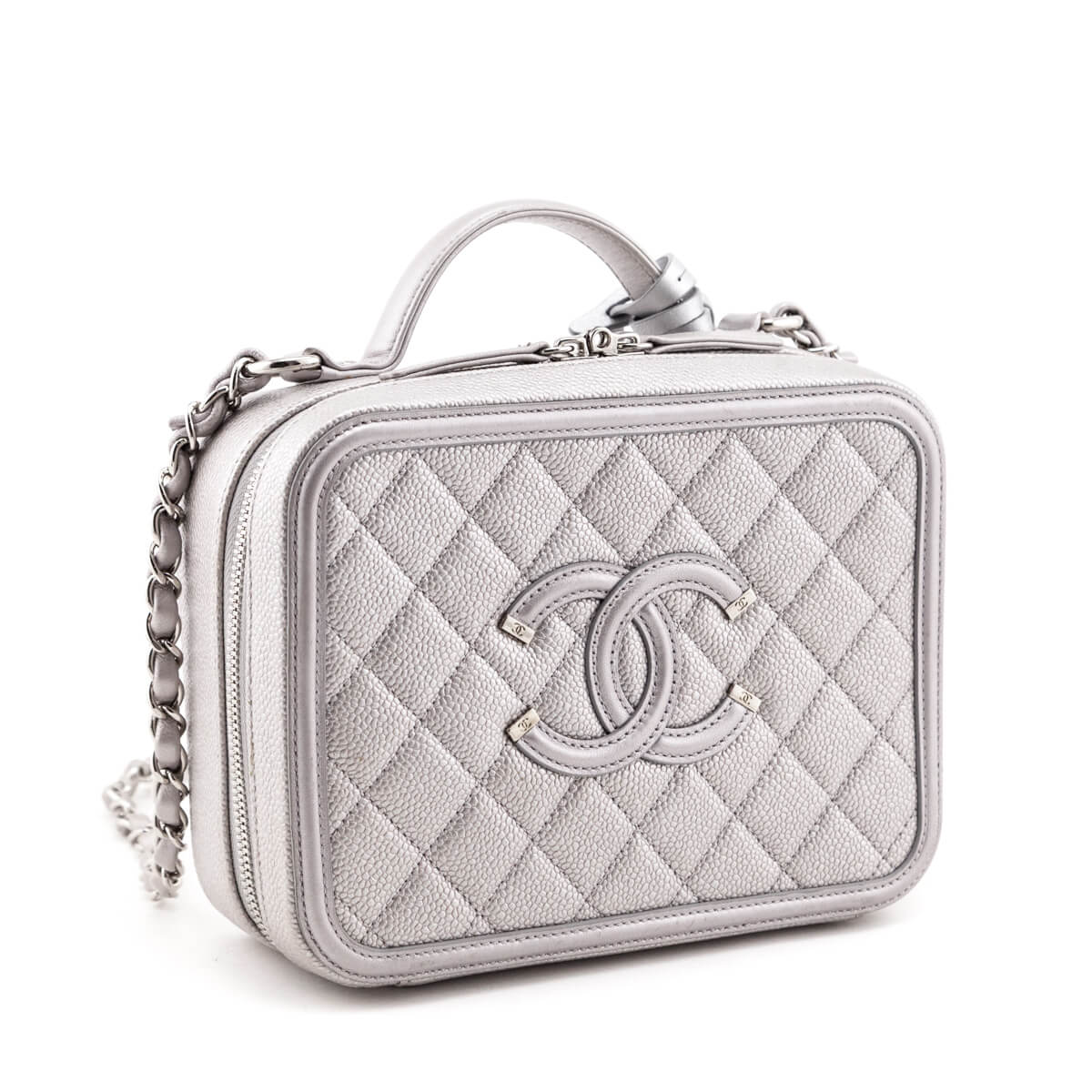 Chanel Metallic Silver Caviar Quilted Medium CC Filigree Vanity Case