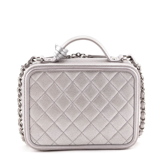Chanel Metallic Silver Caviar Quilted Medium CC Filigree Vanity Case
