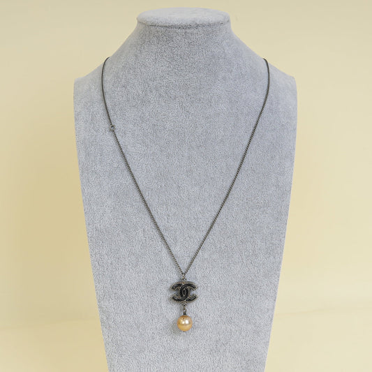 Chanel Black CC Enamel Pearl Drop Chain Necklace