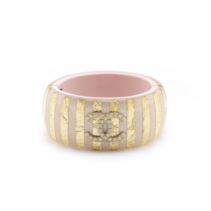 Chanel Pink & Gold Striped Resin & Faux Pearl CC Hinged Bracelet