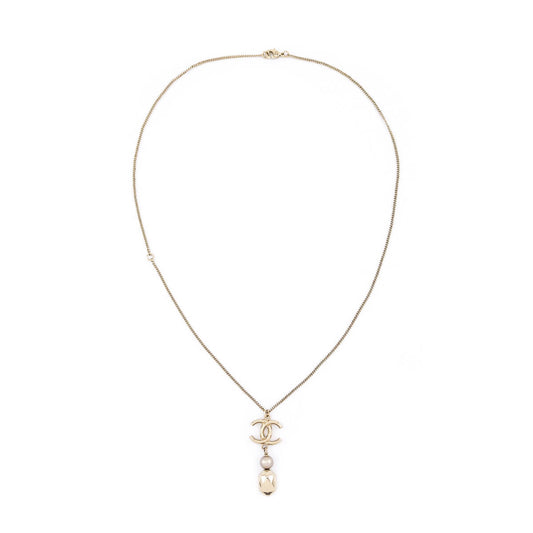 Chanel Gold-Tone Faux Pearl & CC Pendant Necklace