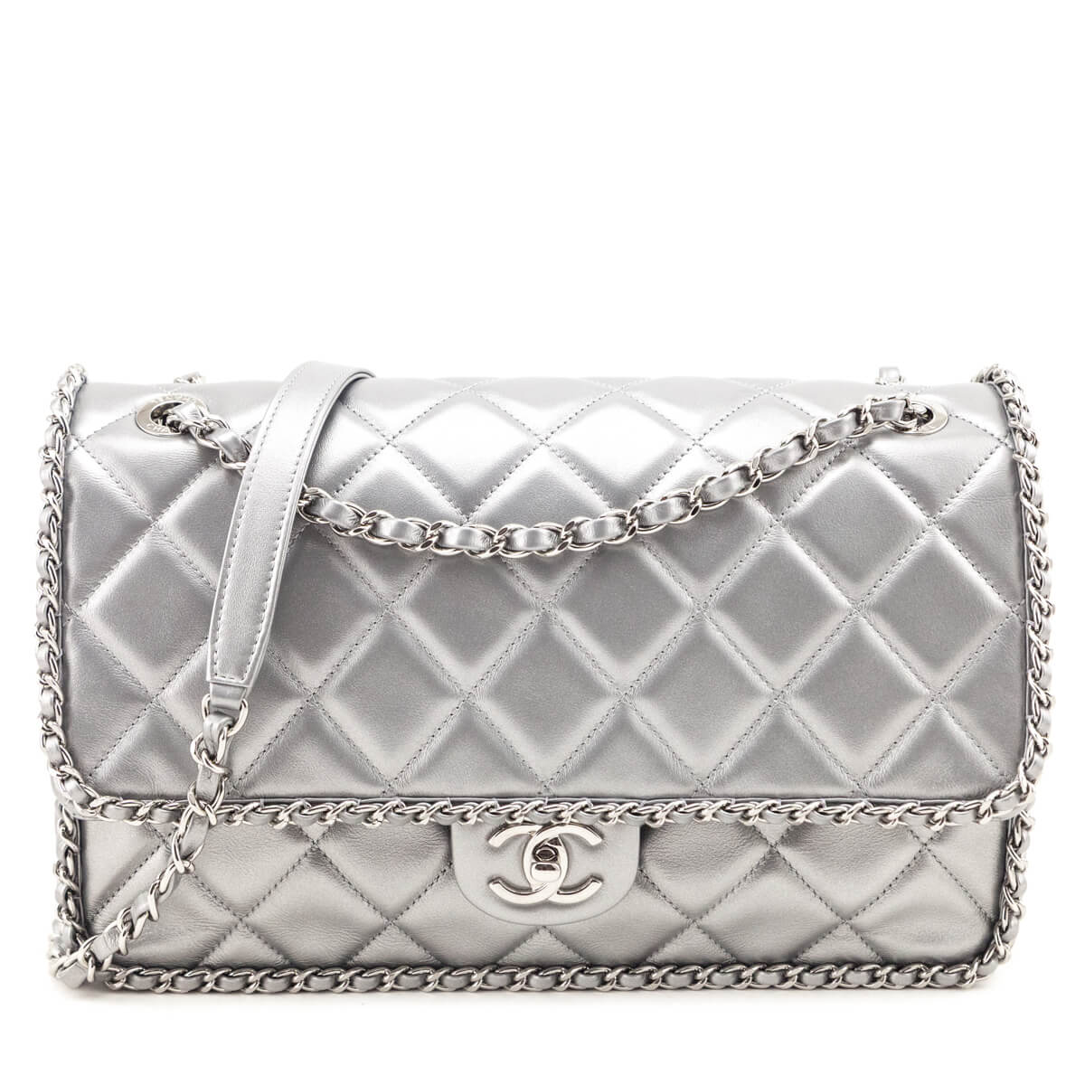 Chanel Silver Lambskin Quilted Large Chain All Over Flap Bag