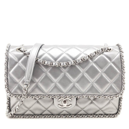 Chanel Silver Lambskin Quilted Large Chain All Over Flap Bag