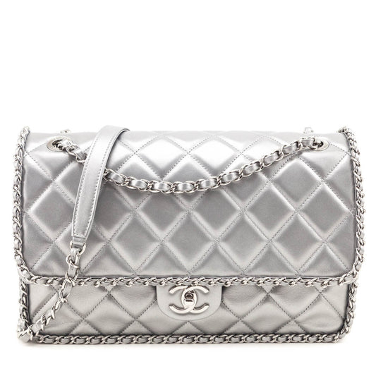Chanel Silver Lambskin Quilted Large Chain All Over Flap Bag