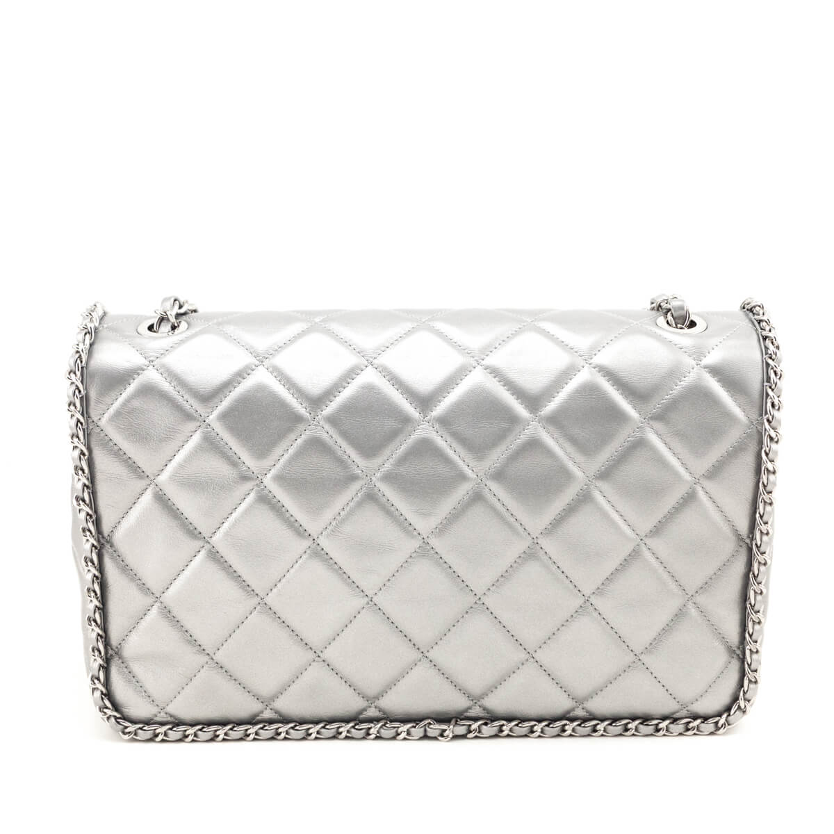 Chanel Silver Lambskin Quilted Large Chain All Over Flap Bag