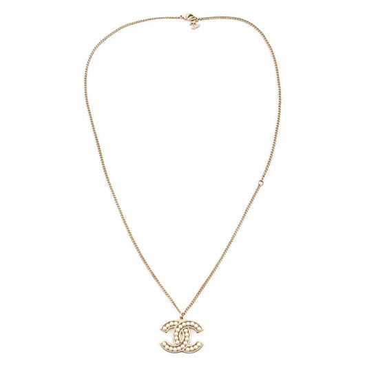 Chanel Pale Gold-Tone & Faux Pearl CC Pendant Necklace