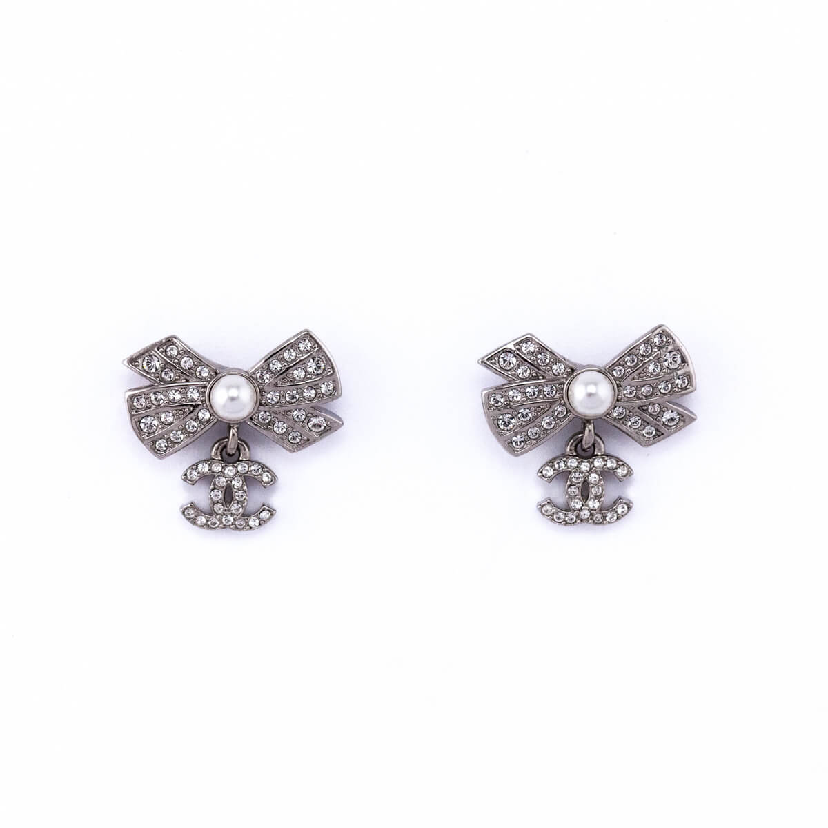 Chanel Strass & Faux Pearl Bow CC Drop Earrings
