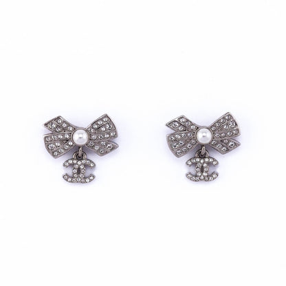 Chanel Strass & Faux Pearl Bow CC Drop Earrings