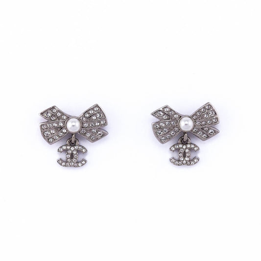 Chanel Strass & Faux Pearl Bow CC Drop Earrings
