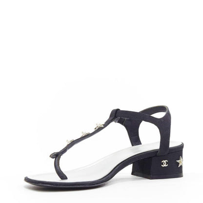 CHANEL T-STRAP PEARL EMBELLISHED BLOCK HEEL SANDALS