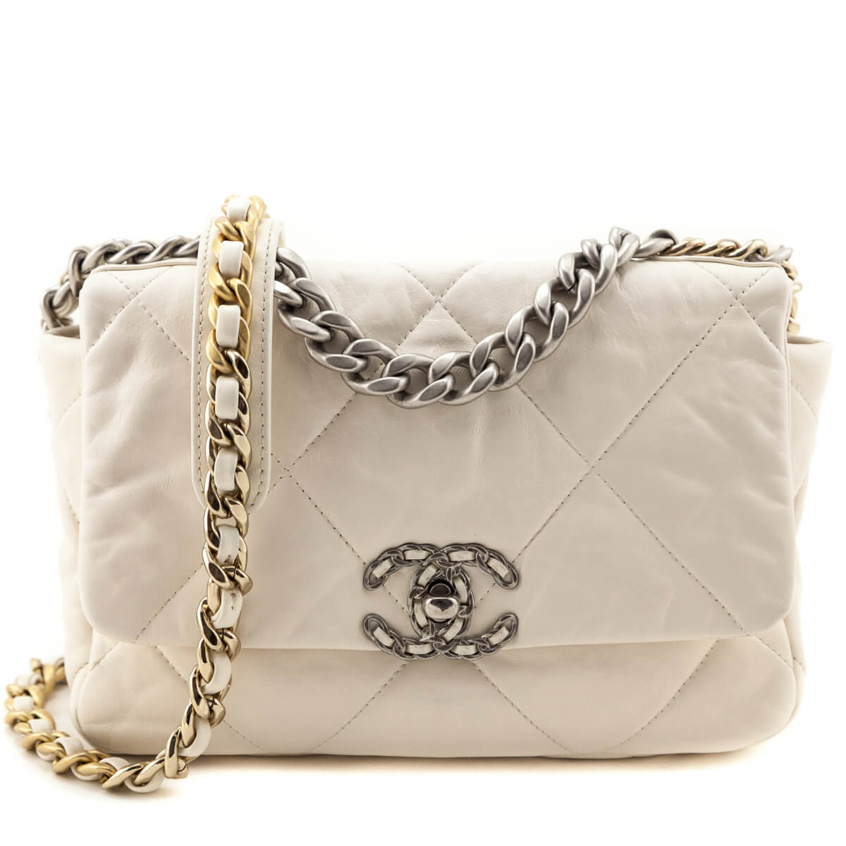 Chanel White Crumpled Calfskin Quilted Medium Chanel 19