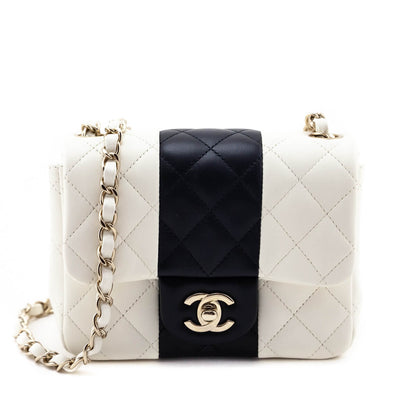 Chanel White & Black Lambskin Quilted Mini Square Flap Bag