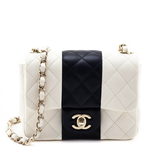 Chanel White & Black Lambskin Quilted Mini Square Flap Bag