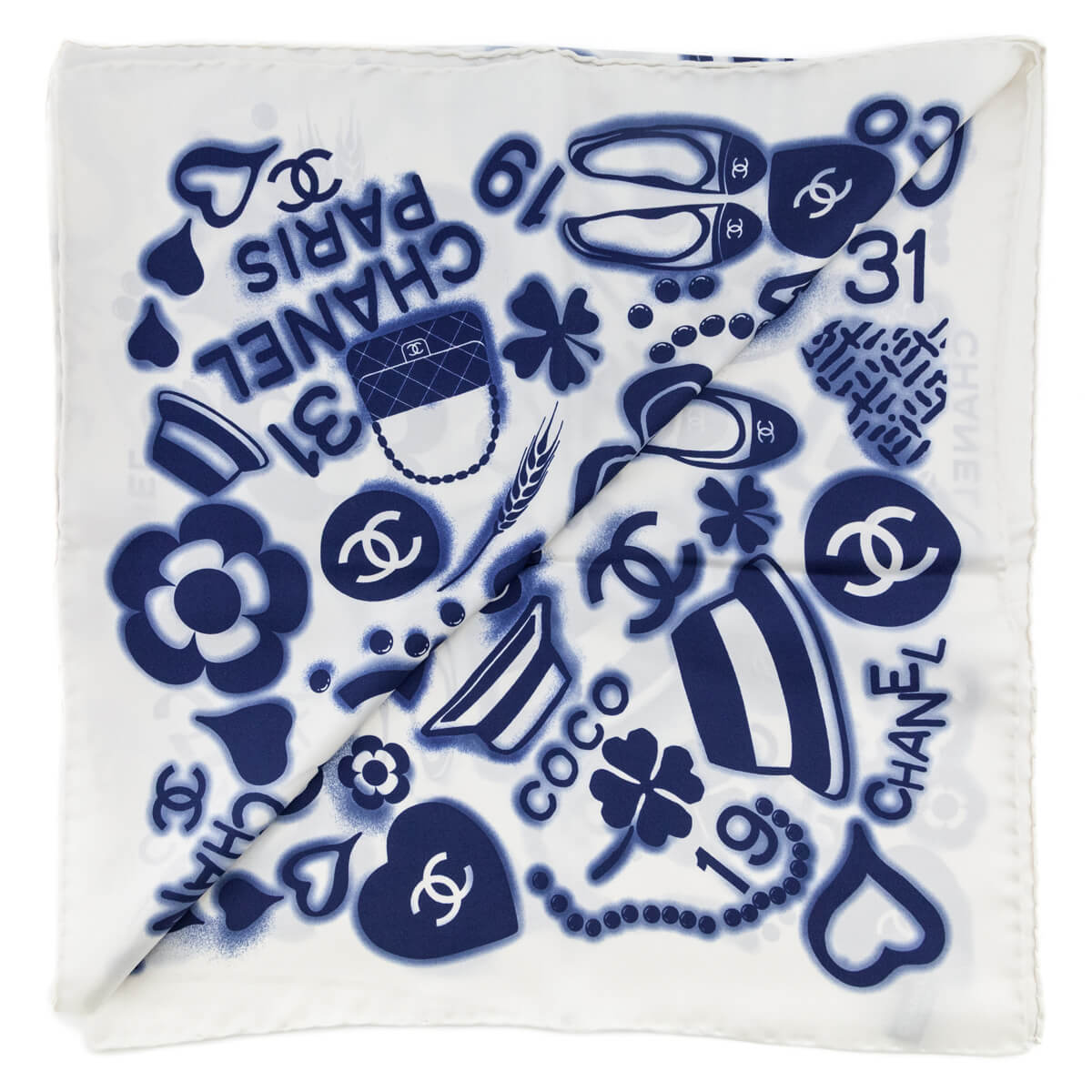 Chanel White & Blue Silk CC Icon Scarf