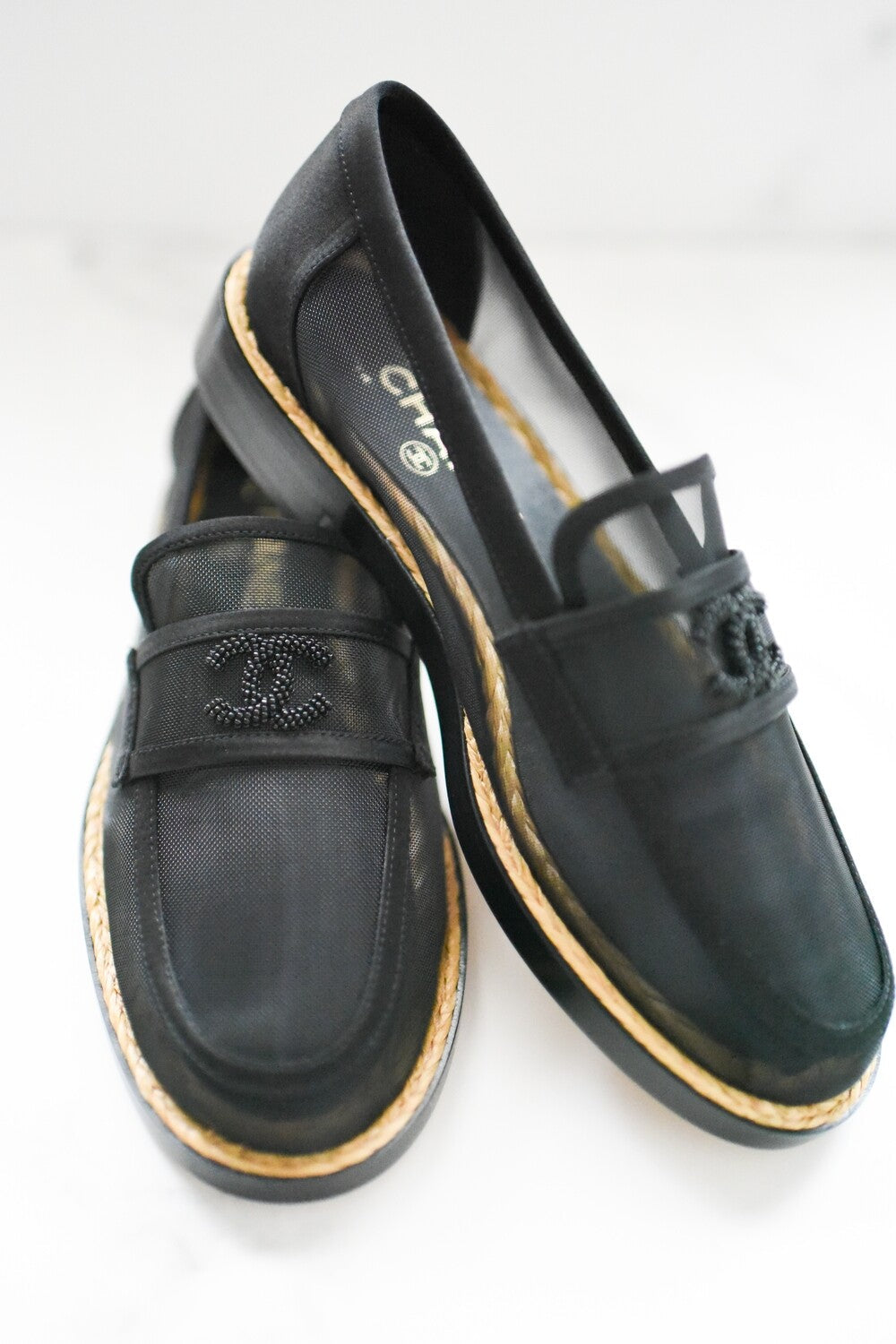 CHANEL MESH & SATIN BEADED CC SLIP-ON LOAFERS