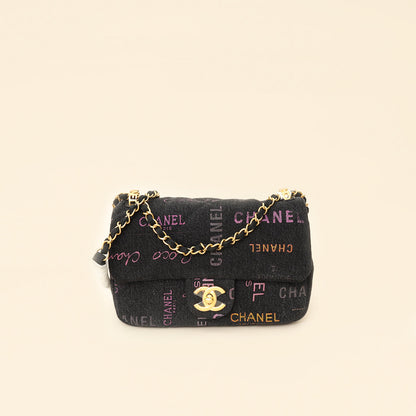 Chanel Black Multicolor CC Denim Logo Print Flap Bag