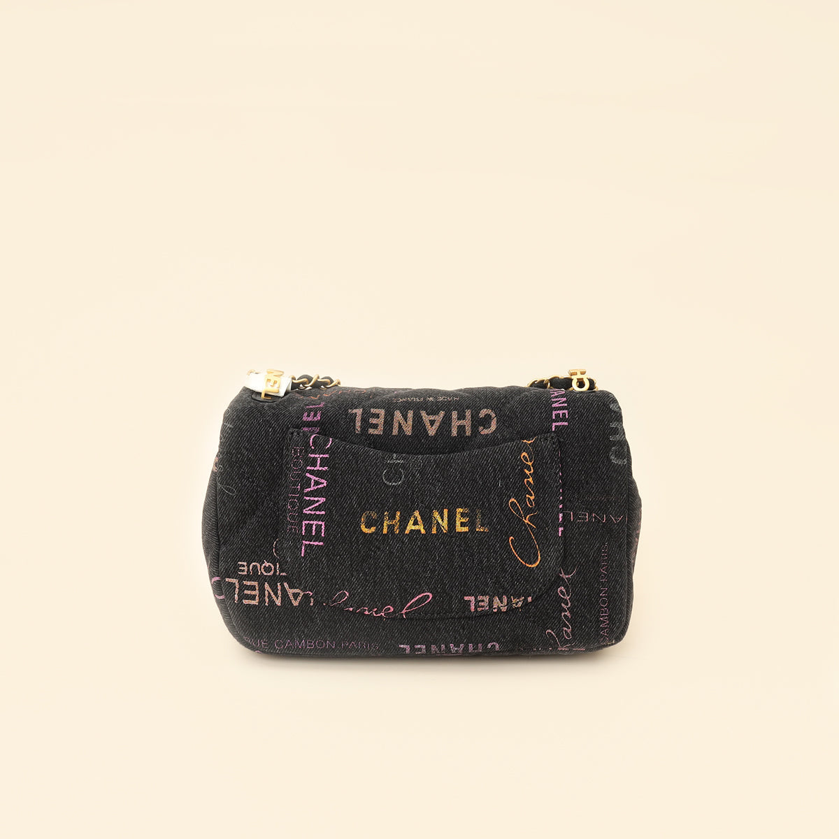 Chanel Black Multicolor CC Denim Logo Print Flap Bag