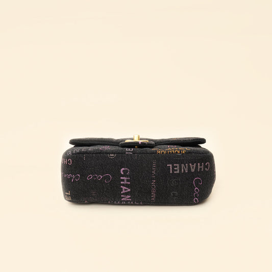 Chanel Black Multicolor CC Denim Logo Print Flap Bag