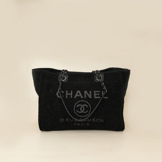 Chanel Black CC Deauville Tote Lurex Boucle Medium Bag