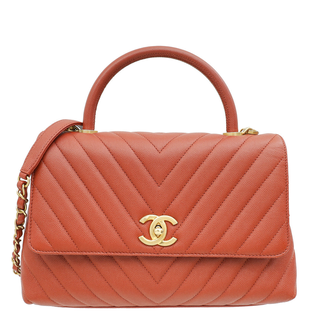 Chanel Rust Orange Chevron Coco Handle Bag
