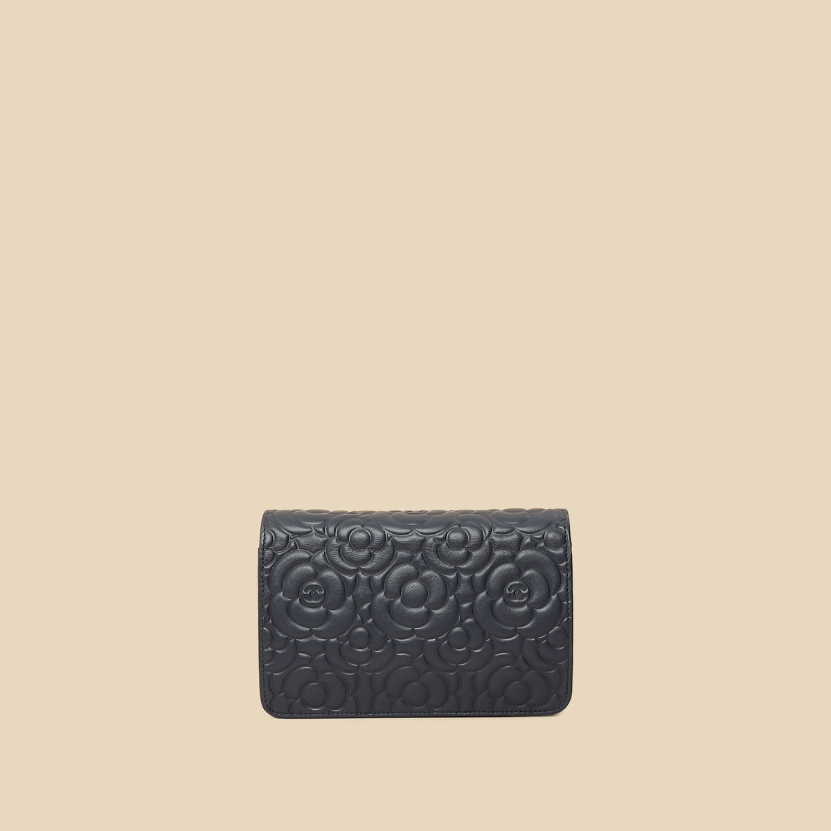 Chanel Navy Blue CC Camellia Flower Embossed Wallet On Chain