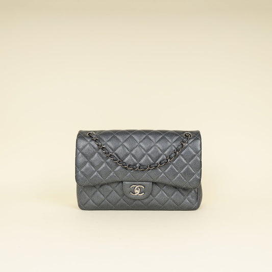 Chanel Metallic Charcoal Classic Double Flap Jumbo Bag