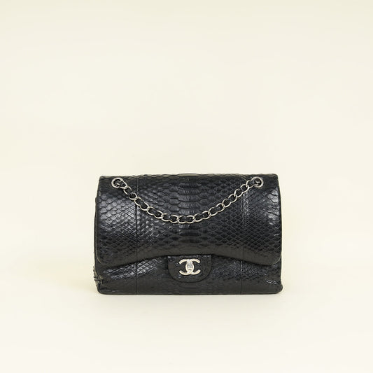 Chanel Black CC Classic Python Double Flap Jumbo Bag
