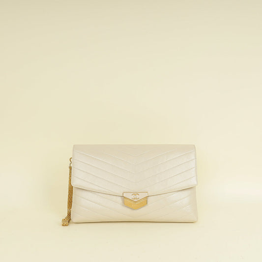 Chanel Light Beige CC Chevron Medal Flap Clutch