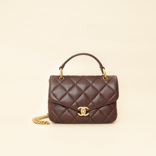 Chanel Brown CC Top Handle Quilted Flap Bag