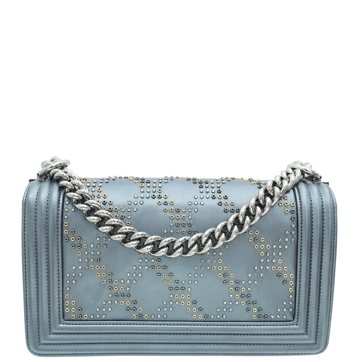 Chanel Metallic Grey Blue Le Boy Embroidered Beads Medium Flap Bag