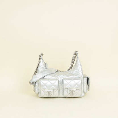 Chanel Metallic Silver CC Quilted Trendy Pockets Hobo Large Bag