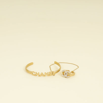 Chanel Gold CC Crystal Chain Cuff Ring Set