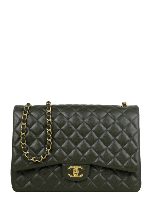 Chanel Dark Green Caviar Leather Double Flap Maxi Bag