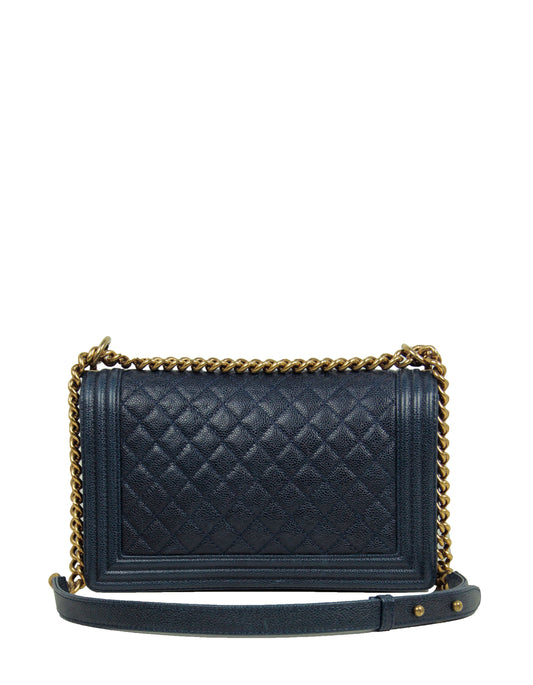 Chanel Navy Caviar Leather New Medium Boy Flap Bag