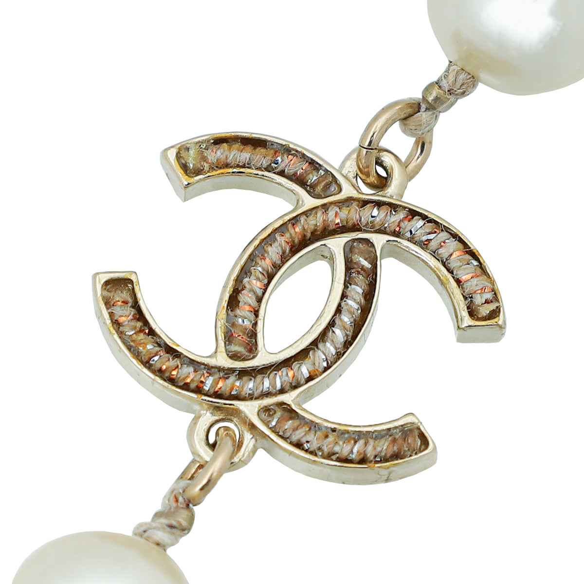Chanel Ivory CC Pearl Cord Double Chain Necklace