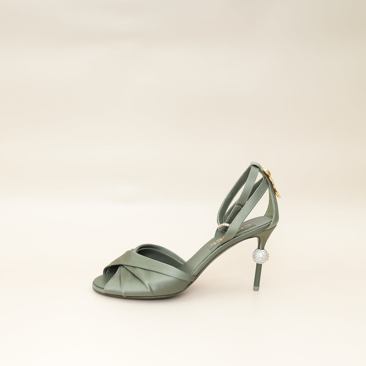 Chanel Olive CC Crystal Satin Sandal 38.5