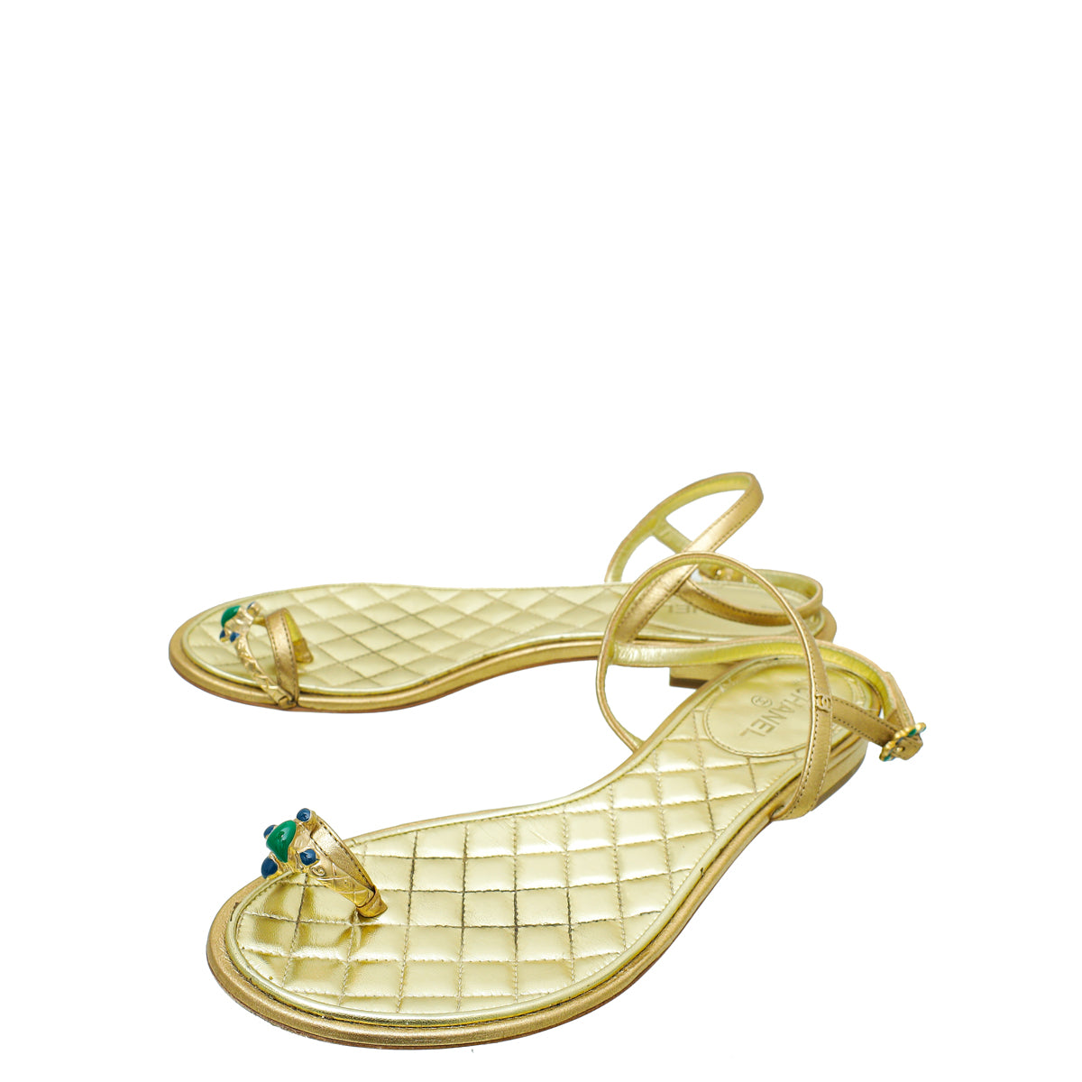 Chanel Metallic Gold Jeweled Toe Ring Ankle Strap 37.5