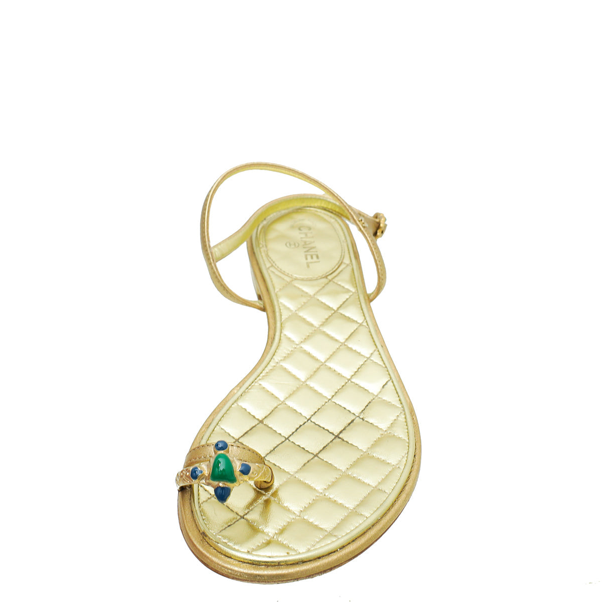 Chanel Metallic Gold Jeweled Toe Ring Ankle Strap 37.5