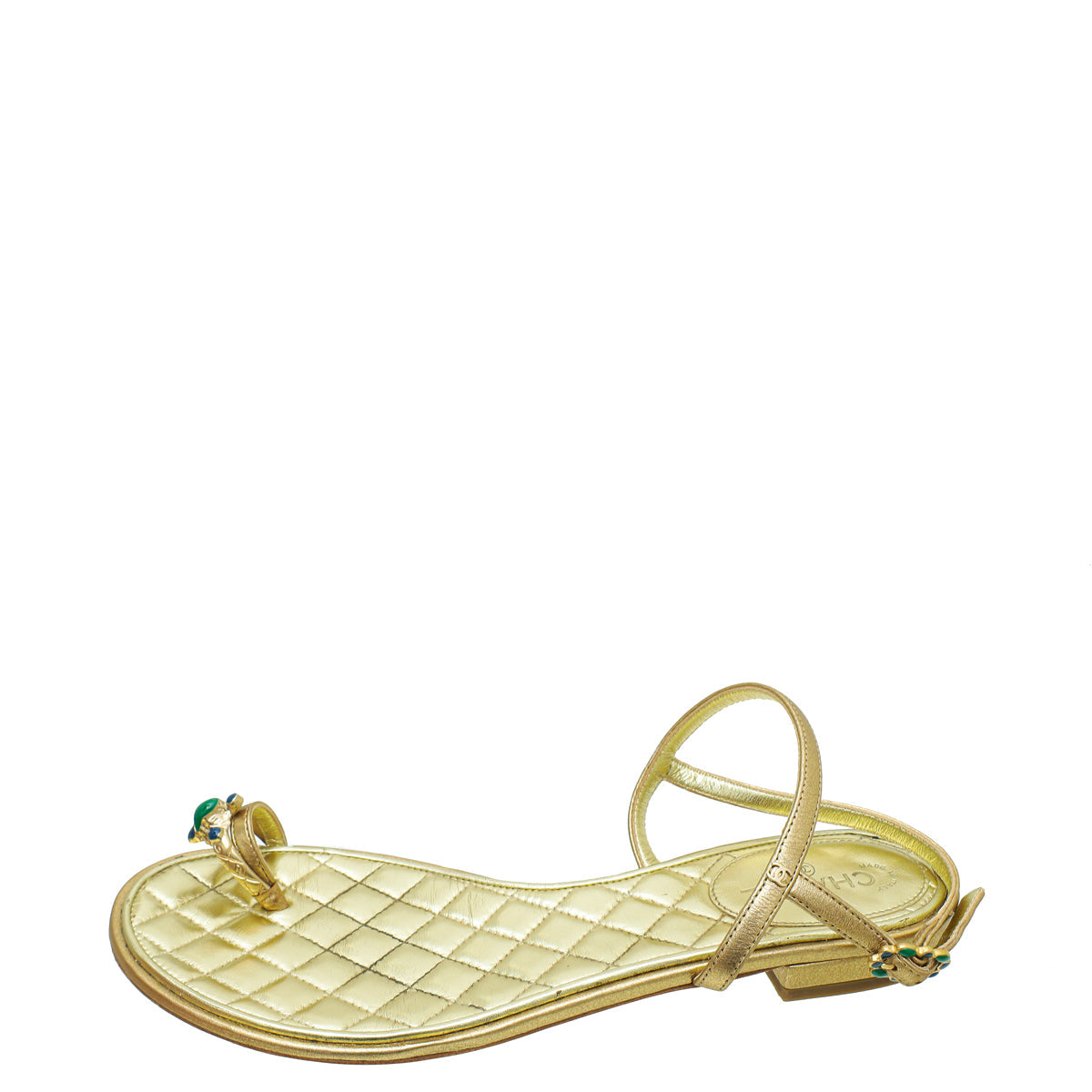 Chanel Metallic Gold Jeweled Toe Ring Ankle Strap 37.5