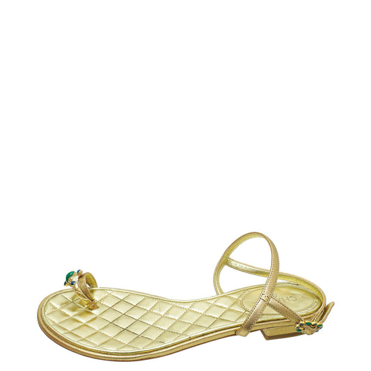 Chanel Metallic Gold Jeweled Toe Ring Ankle Strap 37.5
