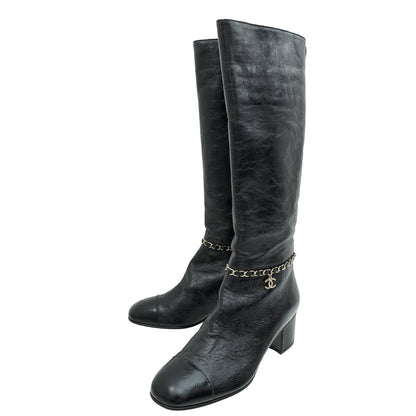 Chanel Black CC Cap Toe Chain High Boots 37.5