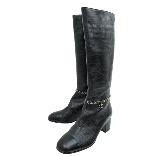 Chanel Black CC Cap Toe Chain High Boots 37.5